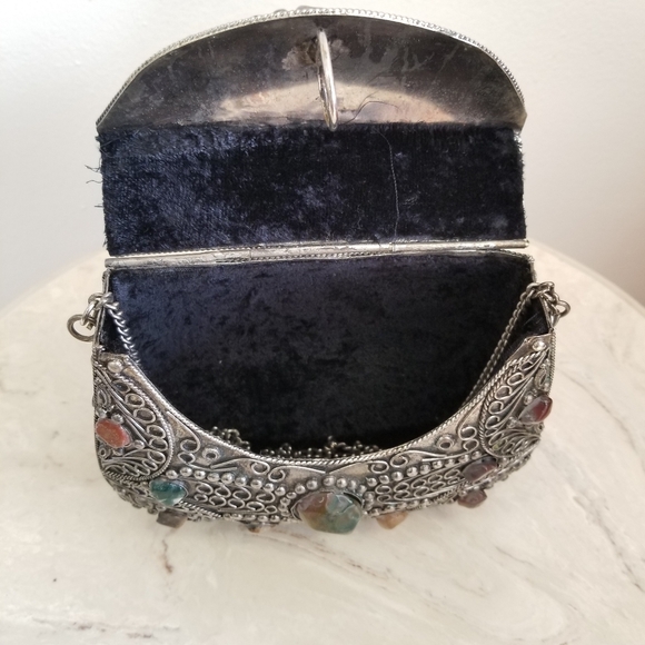 Vintage Sajai Metal Purse with Natural Agate Stones – Filigree Minaudière - Picture 6 of 8